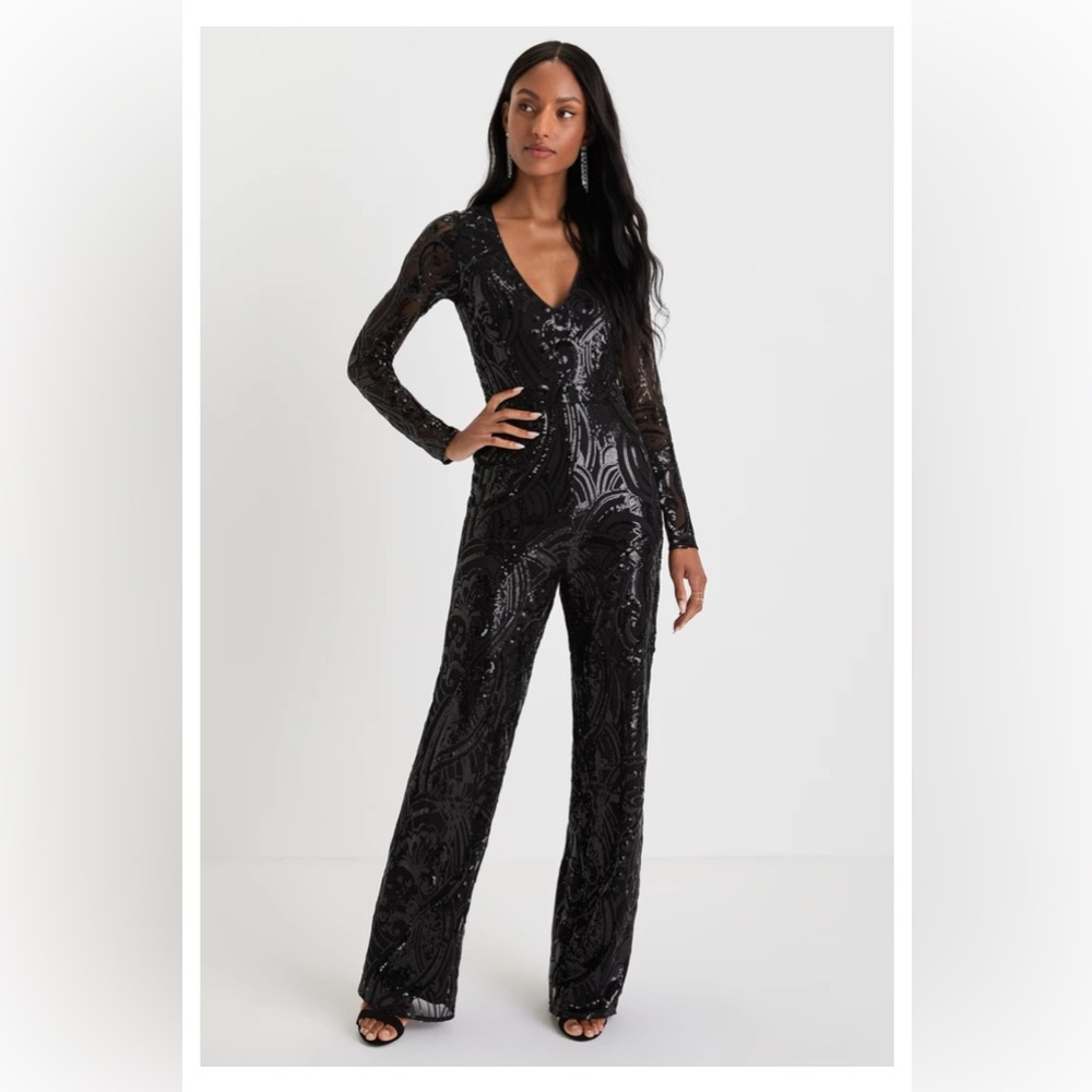 Glamorous Black Sequin Jumpsuit with Long Sleeves and Plunging Neckline
